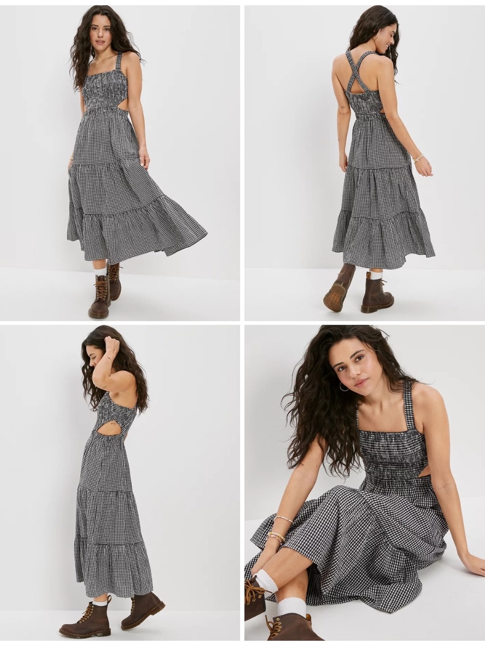 American Eagle Outfitters Black & White Gingham Smocked Tiered Midi Dres. Size S